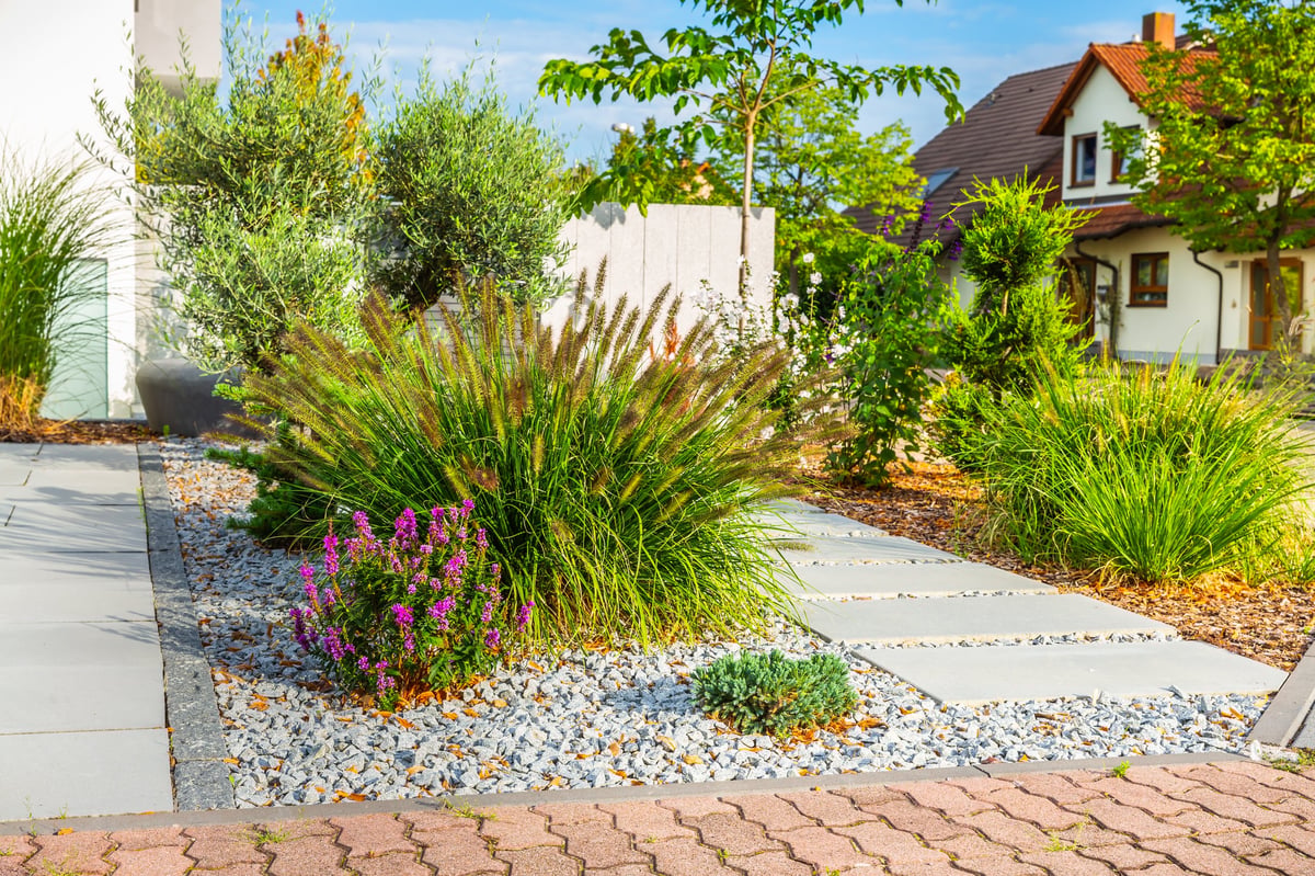 Front yard of a modern residential home with decorative concrete pathway, ornamental grasses, colorful flowering plants, and grey rock mulch landscaping