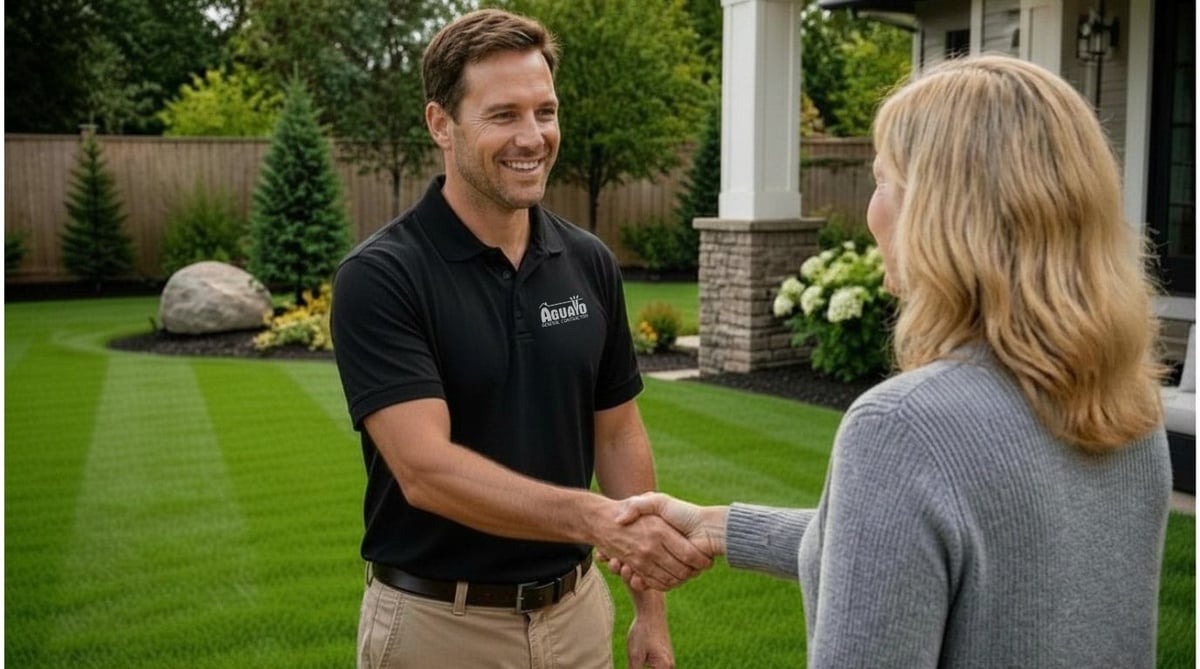 Man in a black Aguayo polo shaking hands with a woman in front of a manicured lawn