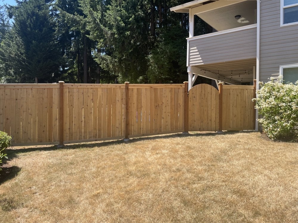 Wooden fence surrounding a backyard with brown grass and a two-story house with trees in the background