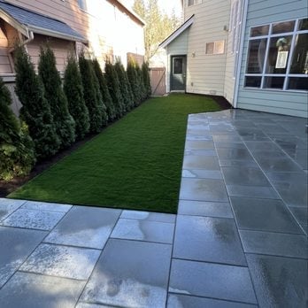 Modern backyard with slate patio, manicured lawn, and evergreen shrubs along a fence near a residential home